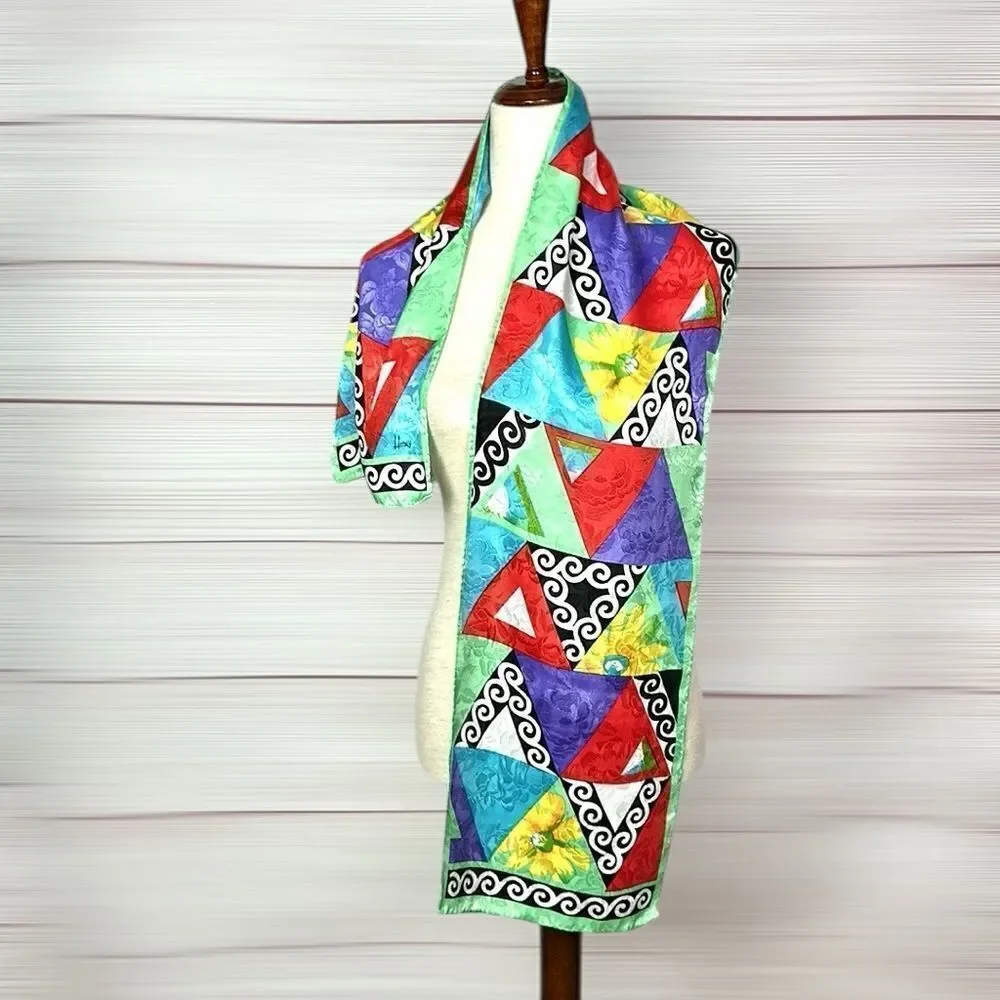 HONEY Silk Rectangle Scarf Colorful Geometric Pattern